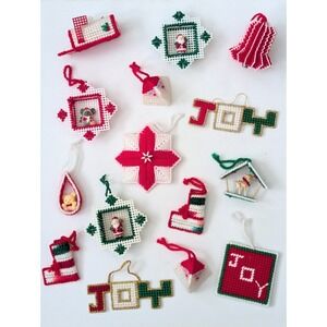 Vtg Christmas Ornaments Yarn Plastic Canvas Cross Stitch Handmade 3D -Lot Of 15